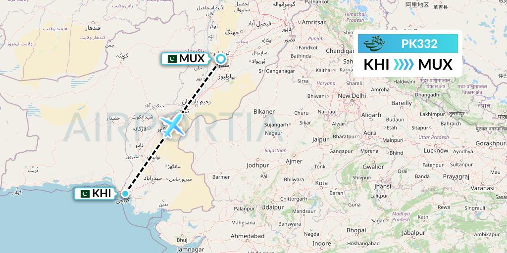 PK332 Pakistan International Airlines Flight Map: Karachi to Multan