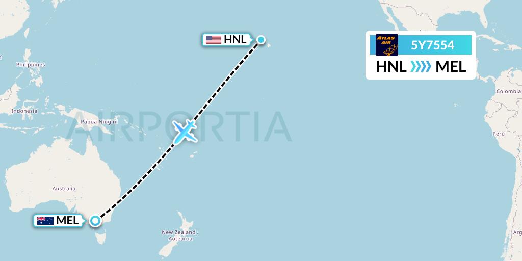 5Y7554 Atlas Air Flight Map: Honolulu to Melbourne