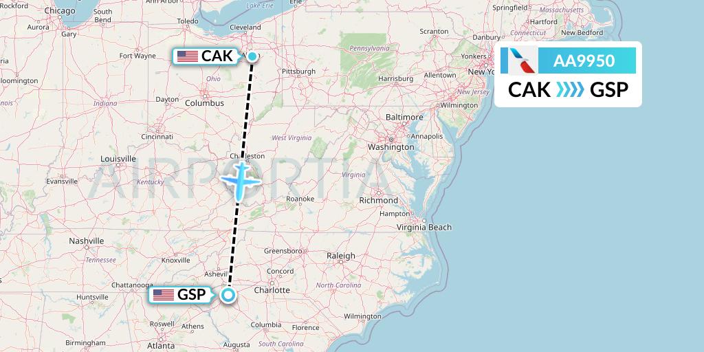 AA9950 American Airlines Flight Map: Akron to Greenville-Spartanburg