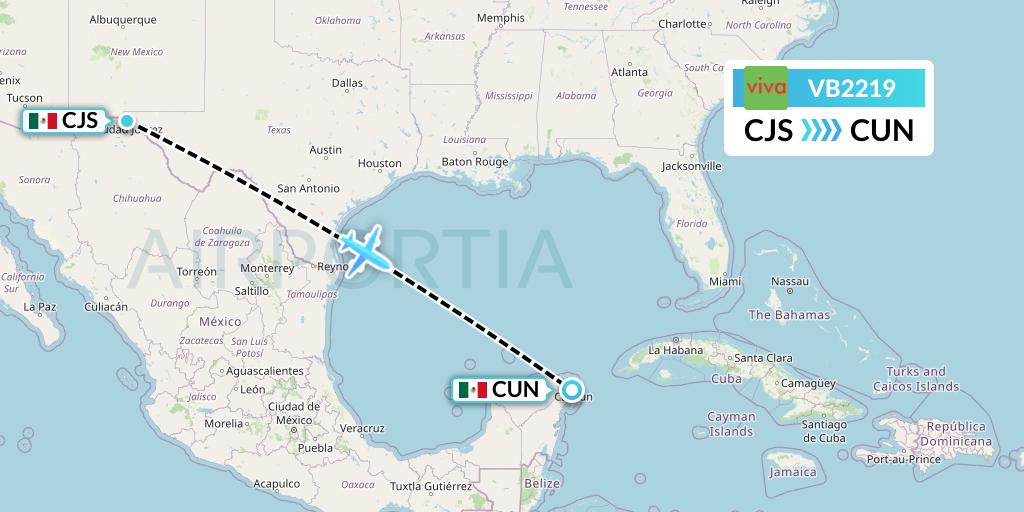 VB2219 VivaAerobus Flight Map: Ciudad Juarez to Cancun
