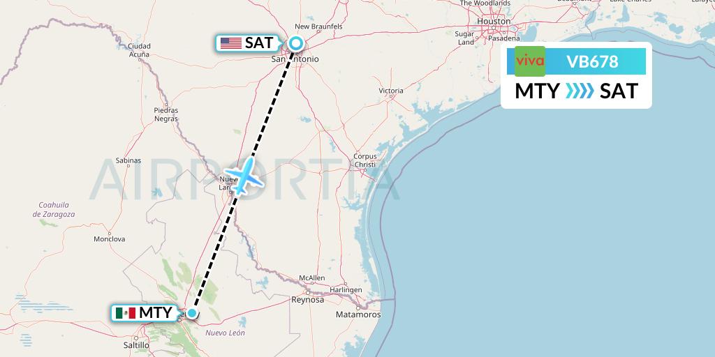 VB678 VivaAerobus Flight Map: Monterrey to San Antonio
