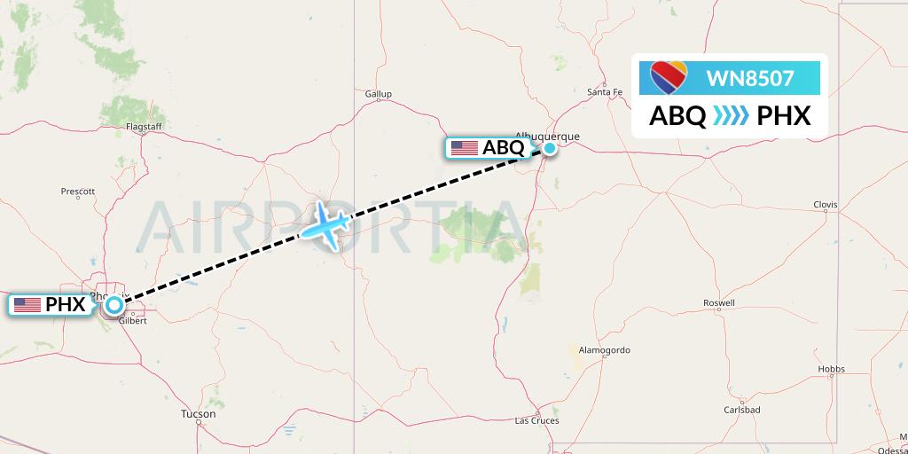 WN8507 Southwest Airlines Flight Map: Albuquerque to Phoenix