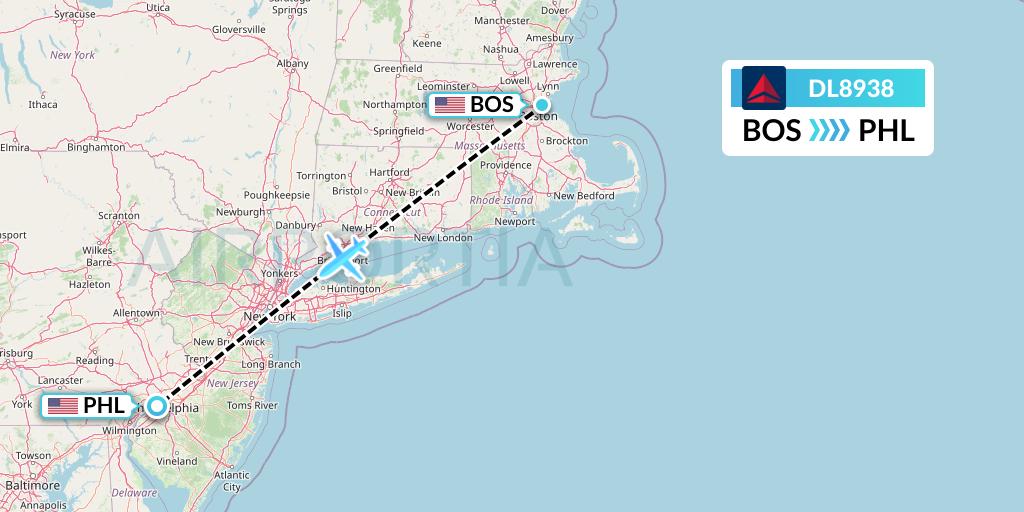DL8938 Delta Air Lines Flight Map: Boston to Philadelphia
