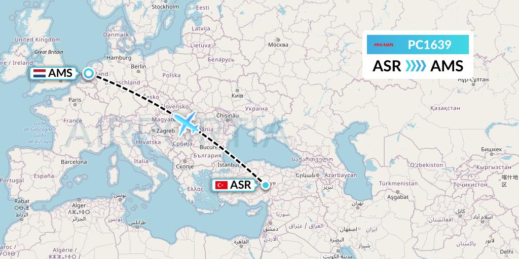 PC1639 Pegasus Airlines Flight Map: Kayseri to Amsterdam