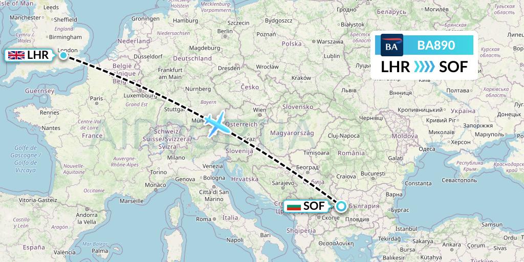 BA890 British Airways Flight Map: London to Sofia