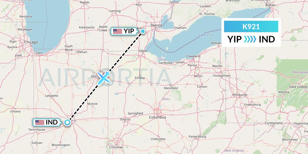 K921 Kalitta Charters Flight Map: Detroit to Indianapolis