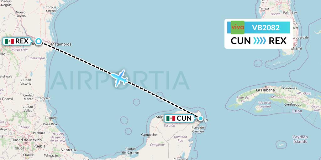 VB2082 VivaAerobus Flight Map: Cancun to Reynosa