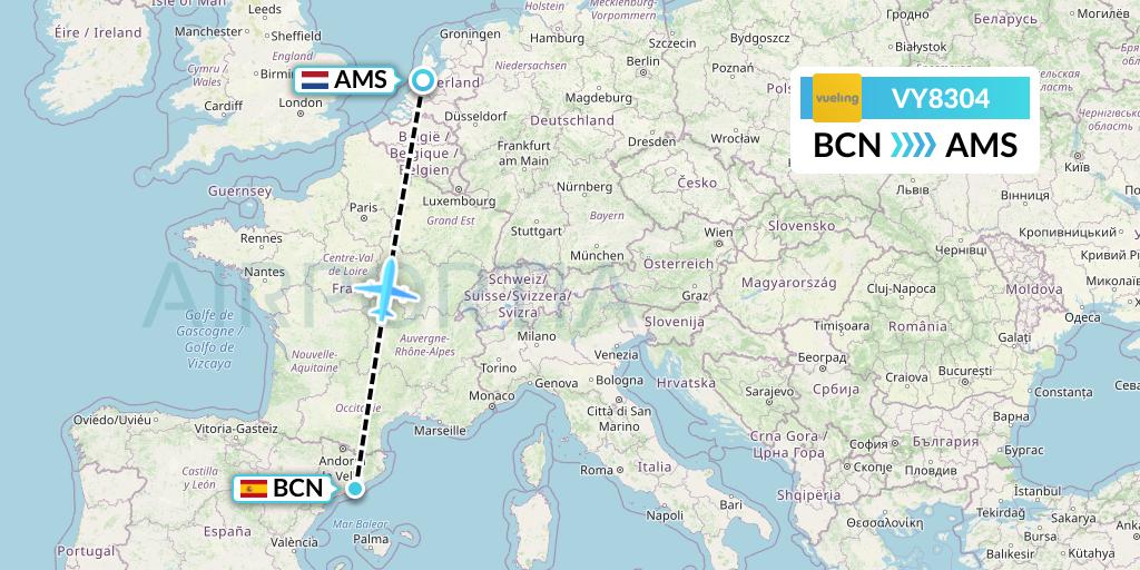 VY8304 Vueling Flight Map: Barcelona to Amsterdam