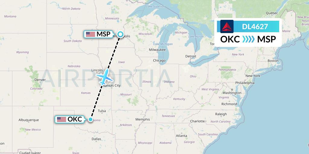 DL4627 Delta Air Lines Flight Map: Oklahoma City to Minneapolis