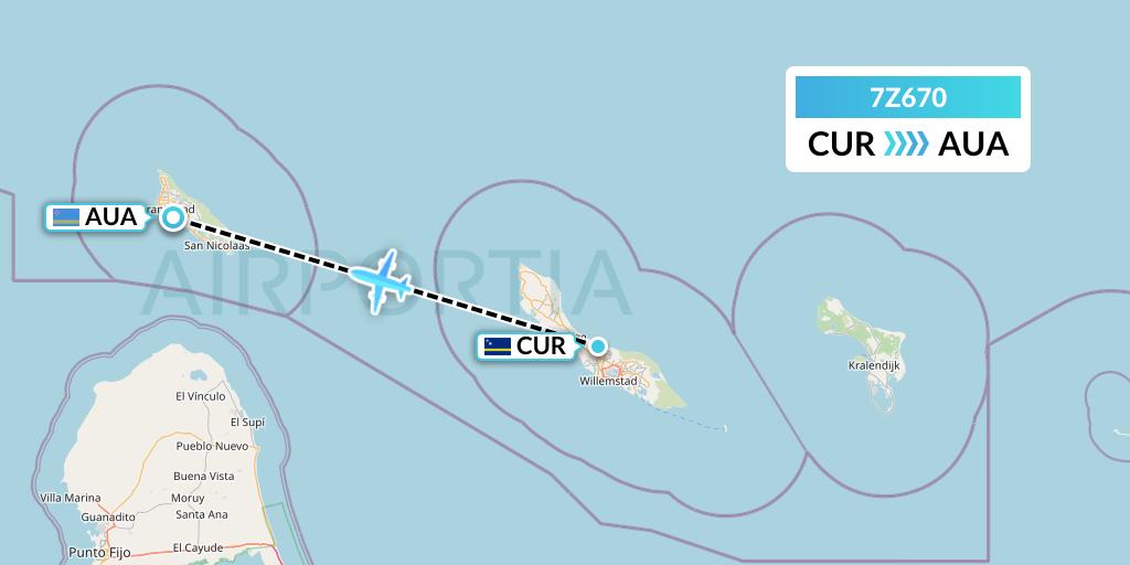 7Z670 EZ Air Flight Map: Willemstad to Oranjestad