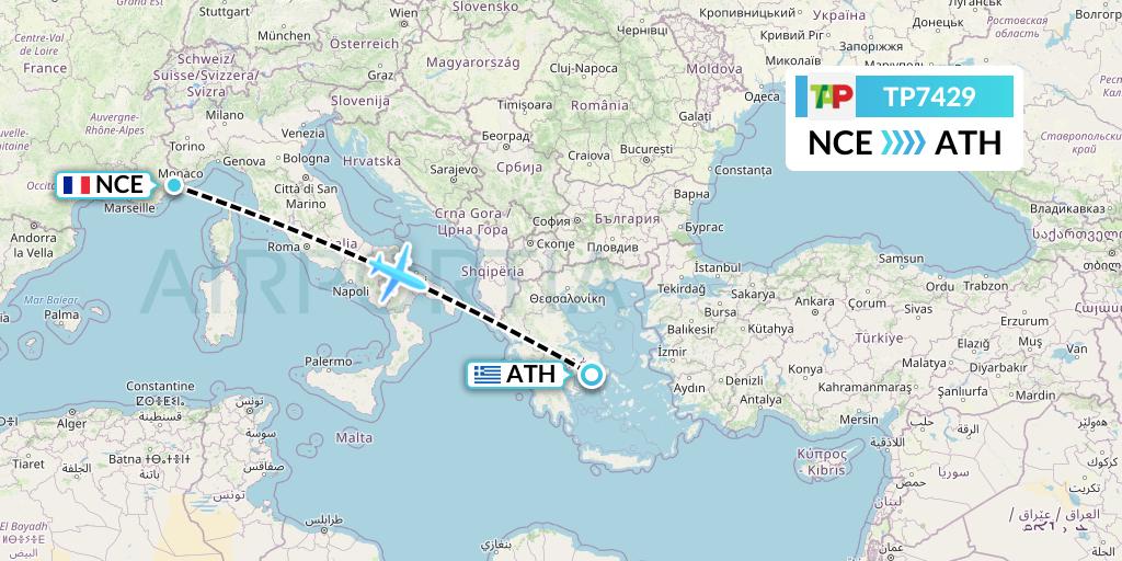 TP7429 TAP Portugal Flight Map: Nice to Athens