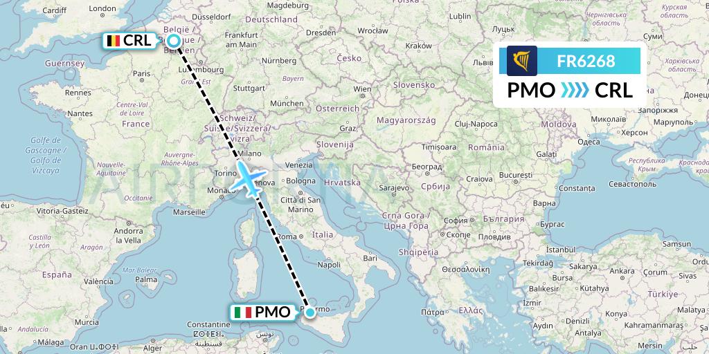 FR6268 Ryanair Flight Map: Palermo to Brussels
