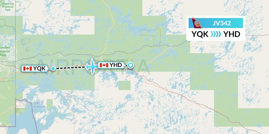 JV342 Bearskin Airlines Flight Map: Kenora to Dryden