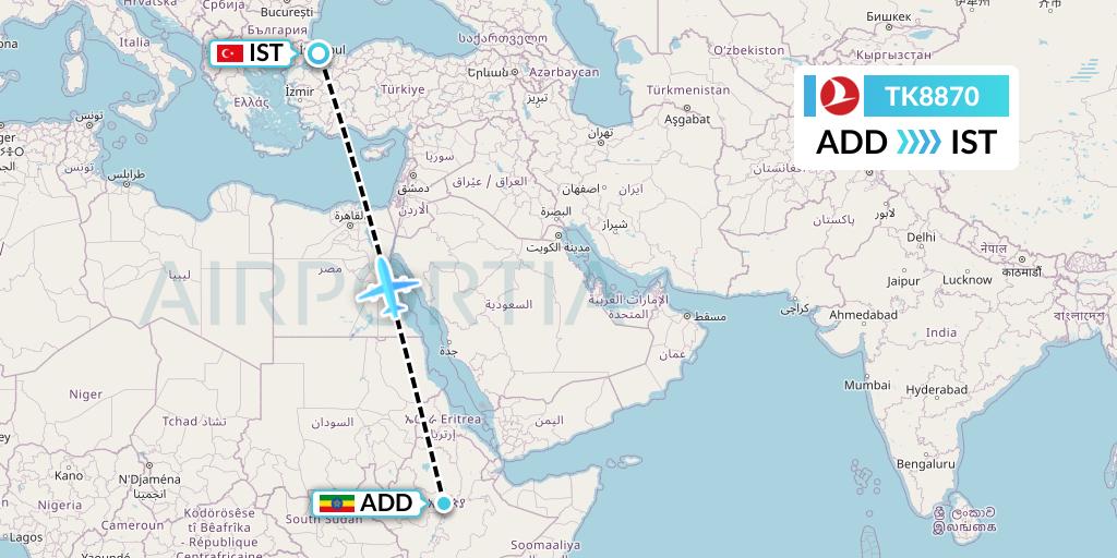 TK8870 Turkish Airlines Flight Map: Addis Ababa to Istanbul