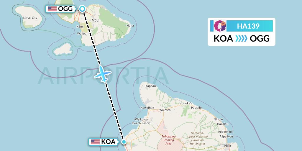 HA139 Hawaiian Airlines Flight Map: Kailua-Kona to Kahului
