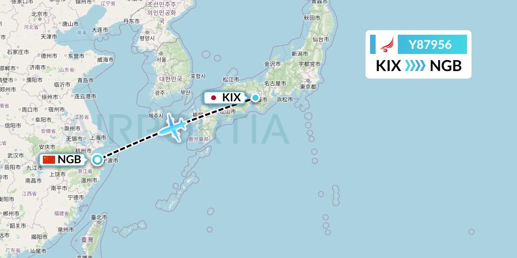 Y87956 Yangtze River Express Flight Map: Osaka to Ningbo