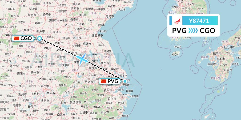 Y87471 Yangtze River Express Flight Map: Shanghai to Zhengzhou