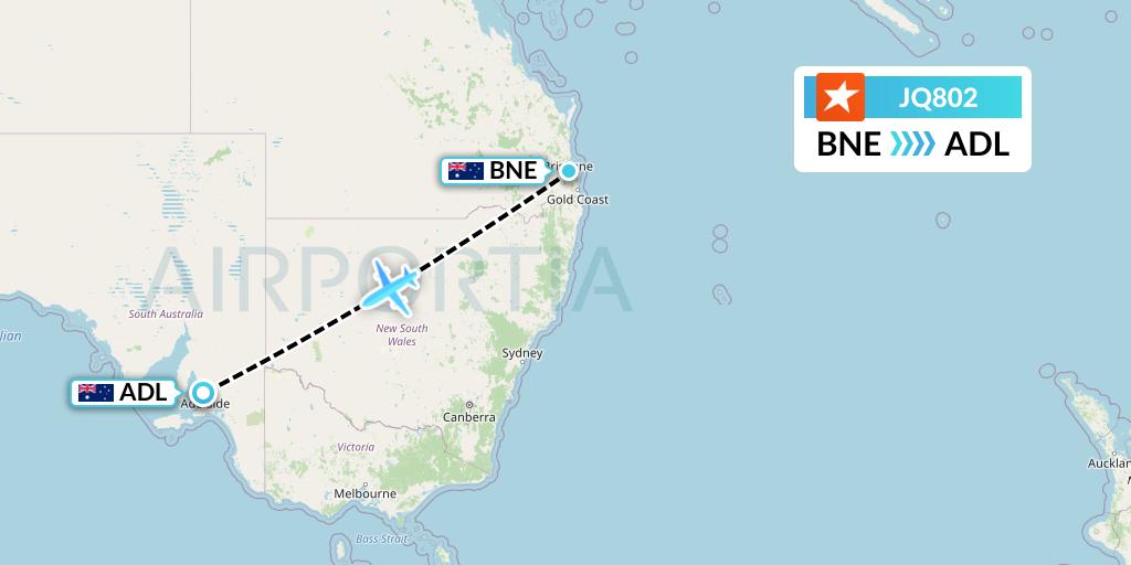 JQ802 Jetstar Airways Flight Map: Brisbane to Adelaide