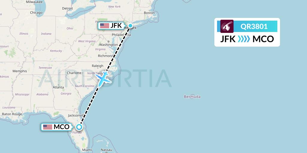 QR3801 Qatar Airways Flight Map: New York to Orlando