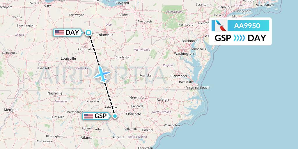 AA9950 American Airlines Flight Map: Greenville-Spartanburg to Dayton