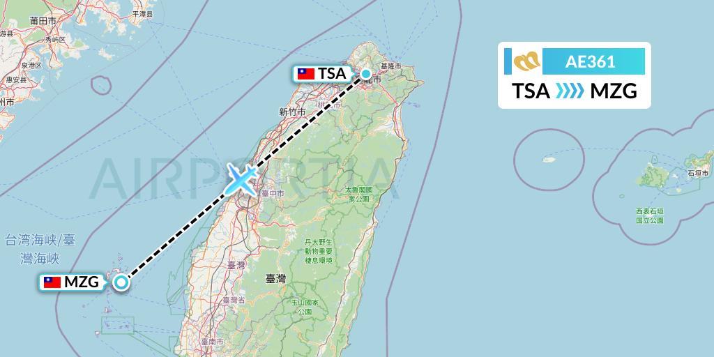 AE361 Mandarin Airlines Flight Map: Taipei to Makung