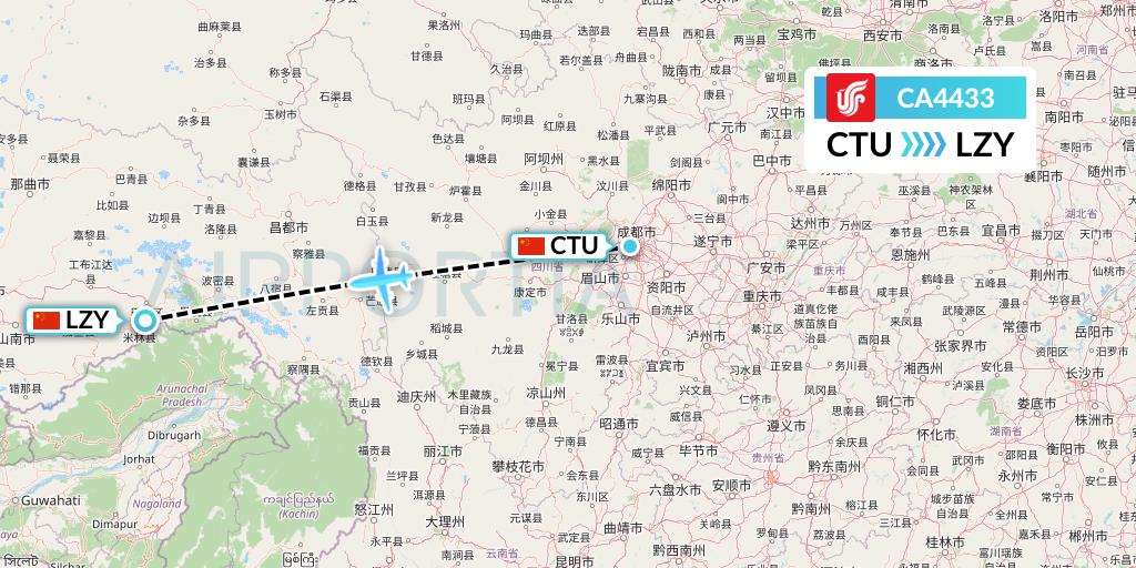 CA4433 Air China Flight Map: Chengdu to Nyingchi