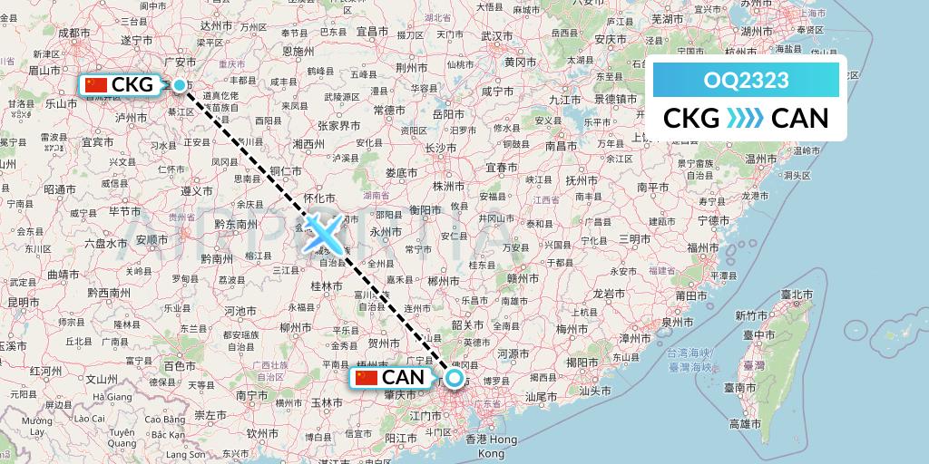 OQ2323 Chongqing Airlines Flight Map: Chongqing to Guangzhou