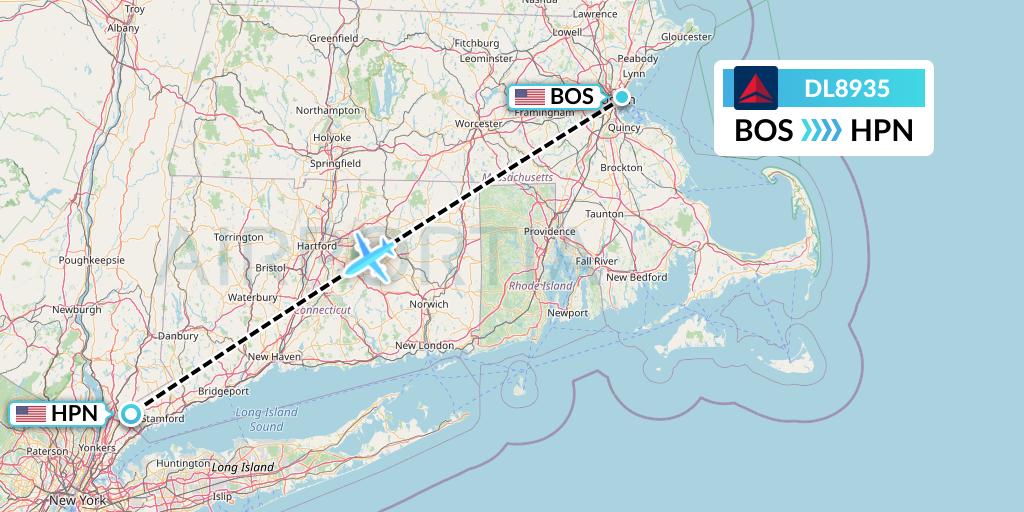 DL8935 Delta Air Lines Flight Map: Boston to White Plains
