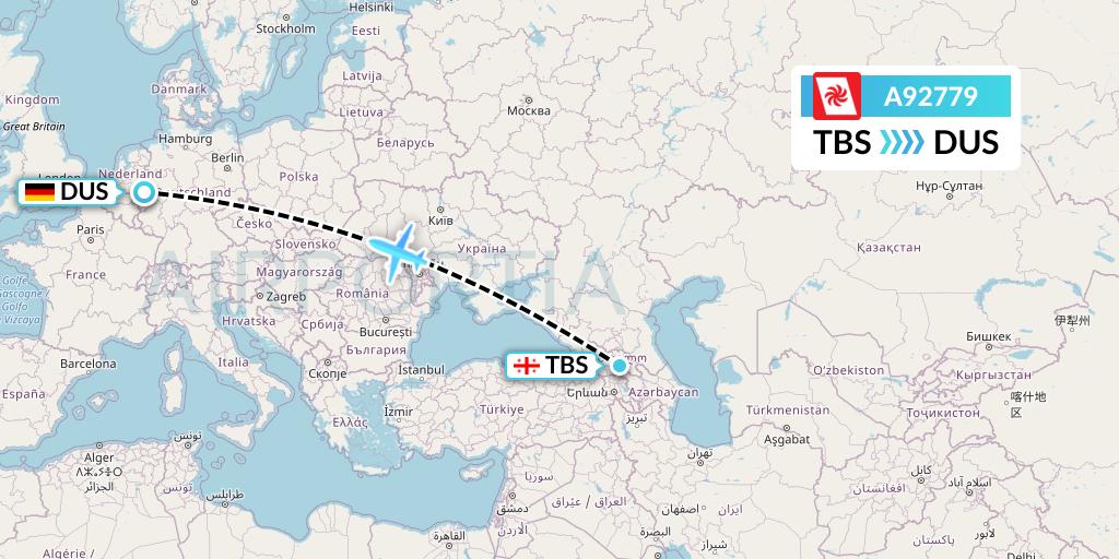 A92779 Georgian Airways Flight Map: Tbilisi to Dusseldorf