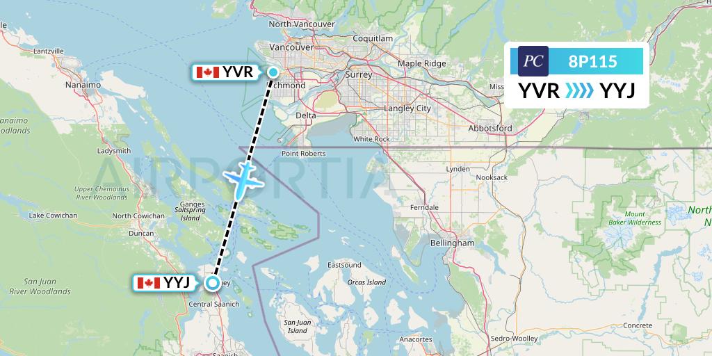 8P115 Pacific Coastal Airlines Flight Map: Vancouver to Victoria
