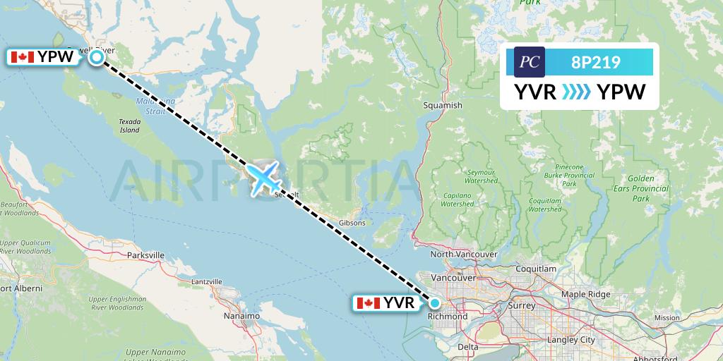 8P219 Pacific Coastal Airlines Flight Map: Vancouver to Powell River