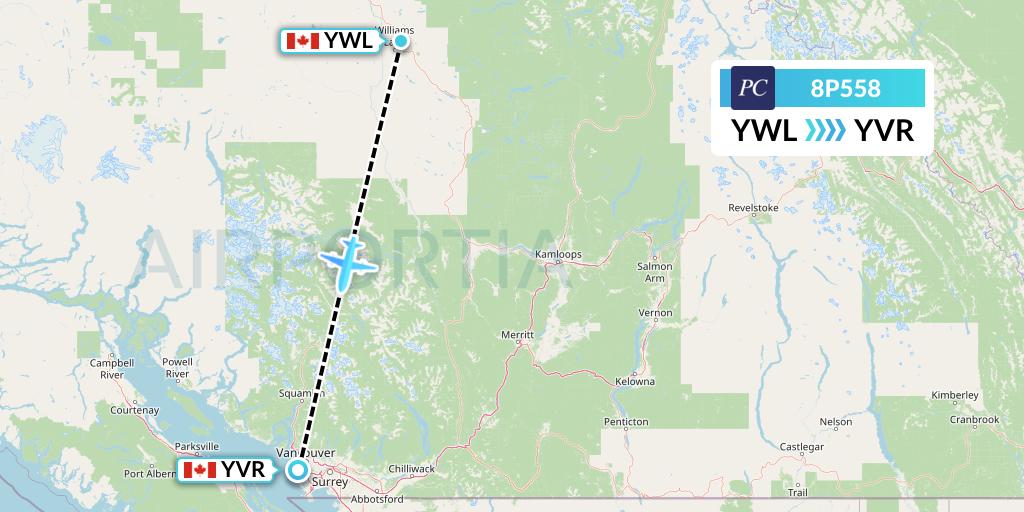 8P558 Pacific Coastal Airlines Flight Map: Williams Lake to Vancouver
