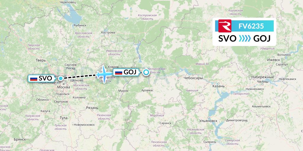 FV6235 Rossiya Flight Map: Moscow to Nizhny Novgorod