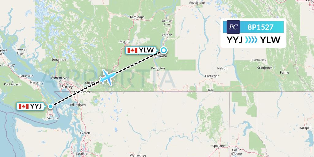 8P1527 Pacific Coastal Airlines Flight Map: Victoria to Kelowna