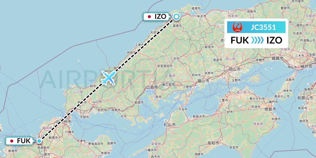 JC3551 Japan Air Commuter Flight Map: Fukuoka to Izumo