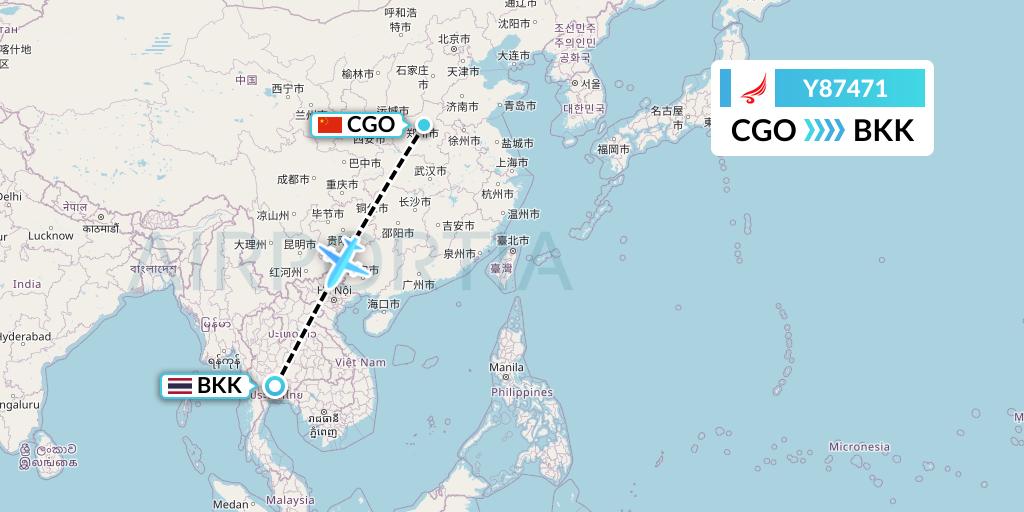 Y87471 Yangtze River Express Flight Map: Zhengzhou to Bangkok