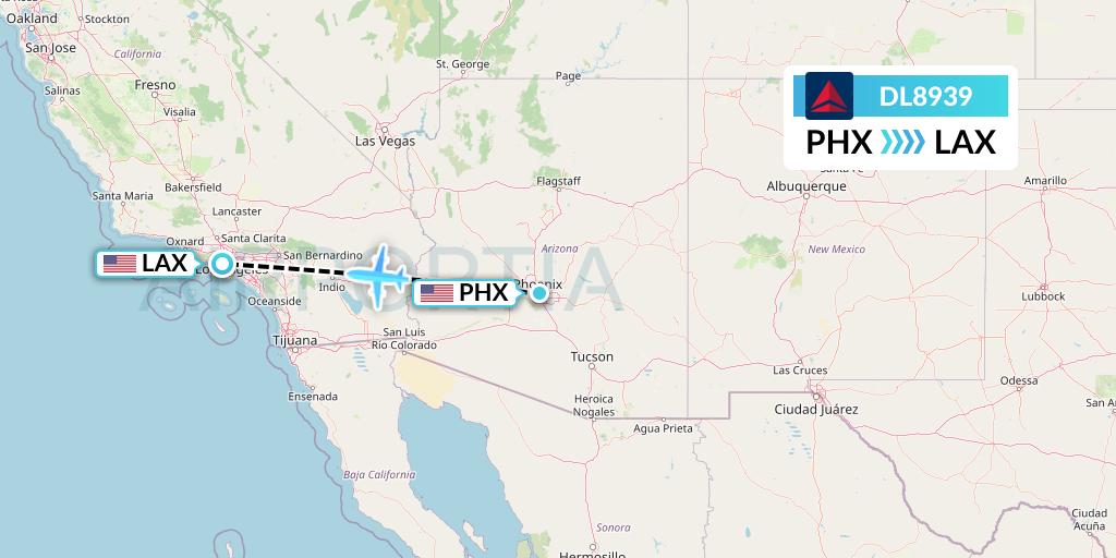 DL8939 Delta Air Lines Flight Map: Phoenix to Los Angeles