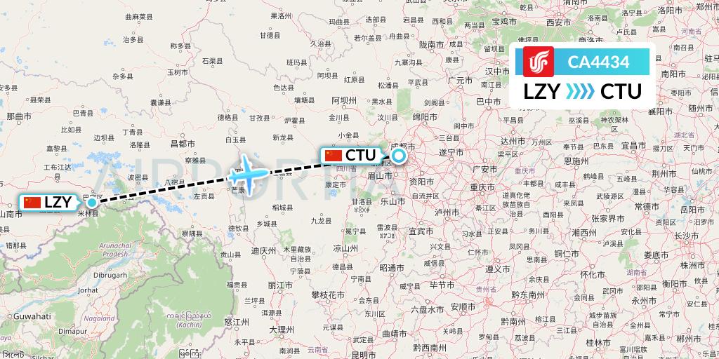 CA4434 Air China Flight Map: Nyingchi to Chengdu