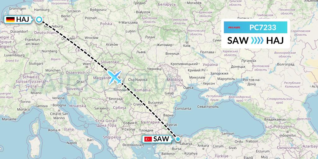 PC7233 Pegasus Airlines Flight Map: Istanbul to Hannover