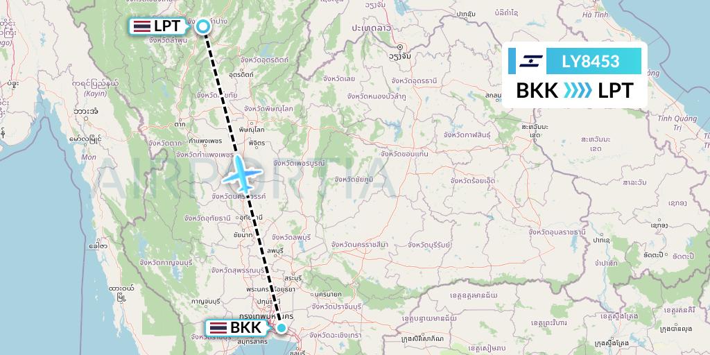 LY8453 El Al Flight Map: Bangkok to Lampang