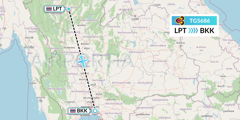 TG5686 Thai Airways Flight Map: Lampang to Bangkok
