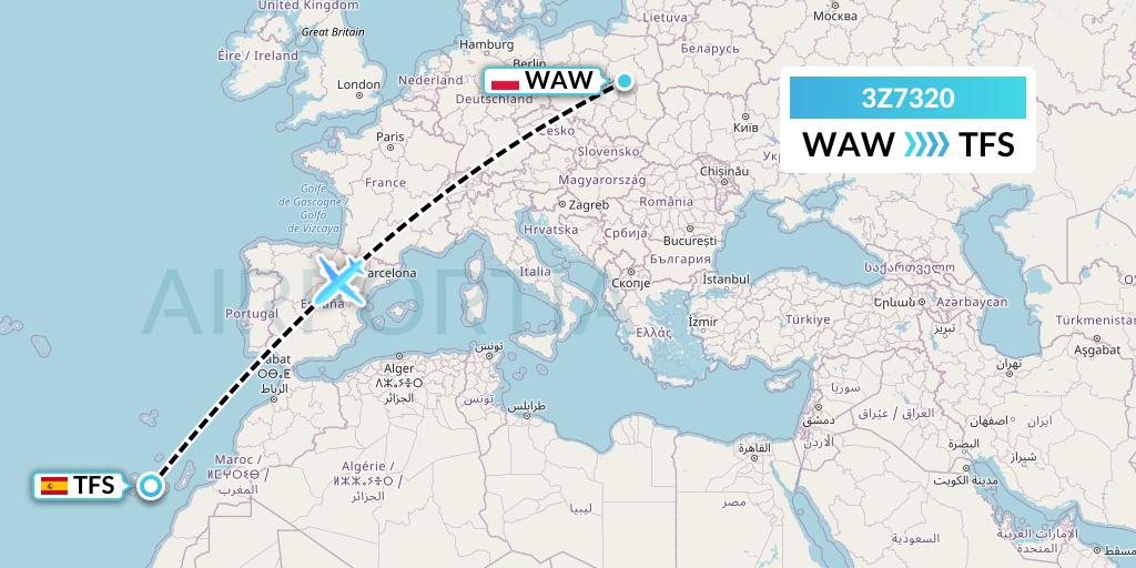 3Z7320 Smartwings Poland Flight Map: Warsaw to Tenerife