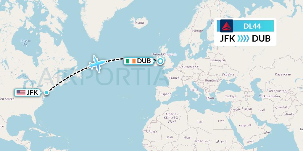 DL44 Delta Air Lines Flight Map: New York to Dublin