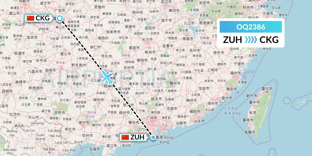 OQ2386 Chongqing Airlines Flight Map: Zhuhai to Chongqing