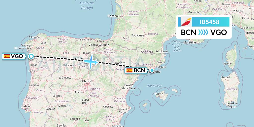 IB5458 Iberia Flight Map: Barcelona to Vigo