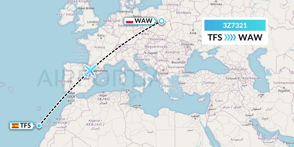 3Z7321 Smartwings Poland Flight Map: Tenerife to Warsaw