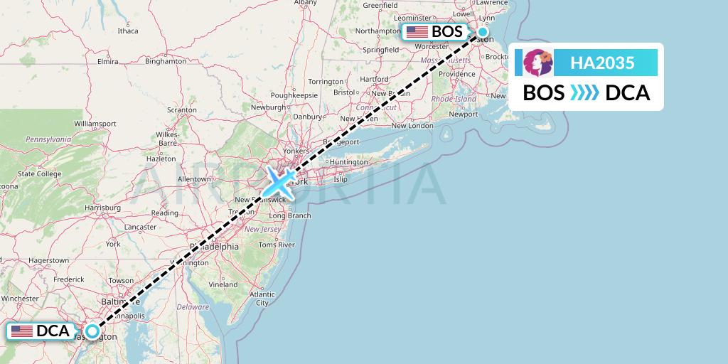 HA2035 Hawaiian Airlines Flight Map: Boston to Washington