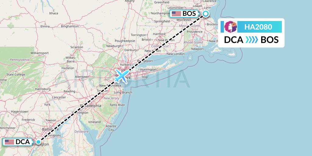 HA2080 Hawaiian Airlines Flight Map: Washington to Boston