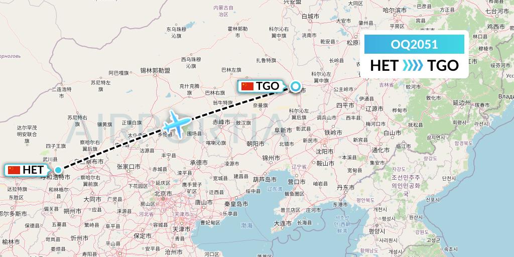 OQ2051 Chongqing Airlines Flight Map: Hohhot to Tongliao