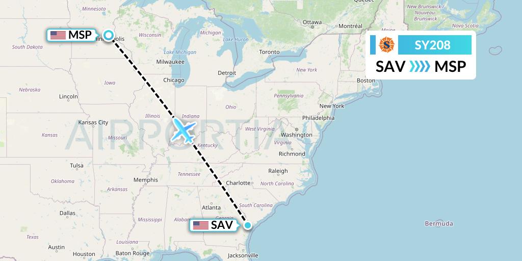 SY208 Sun Country Airlines Flight Map: Savannah to Minneapolis